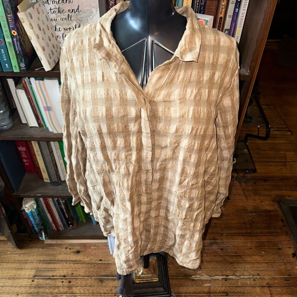 Poetry breezy 16 linen natural tan checked gingham shirt